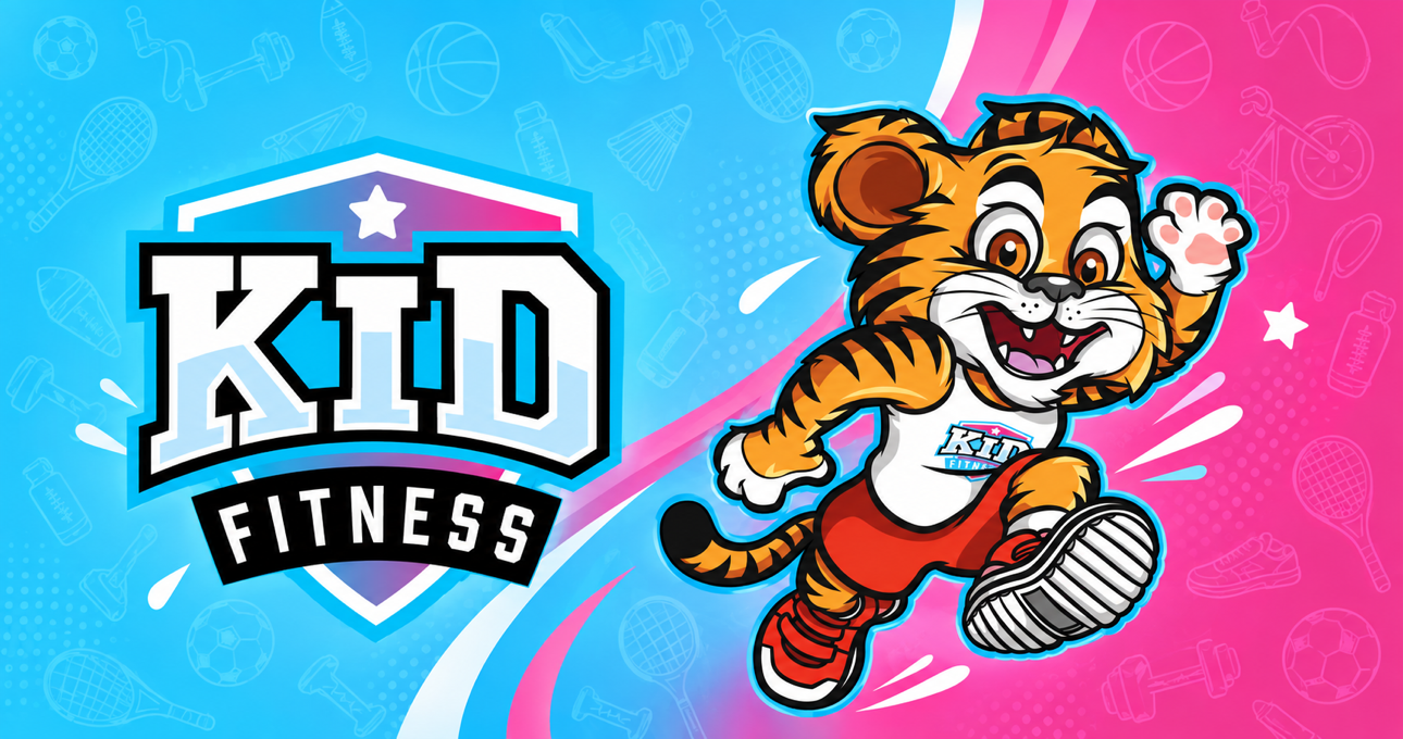 Logo Kid Fitness et mascotte Tikid sur un fond sportif bleu et rose.