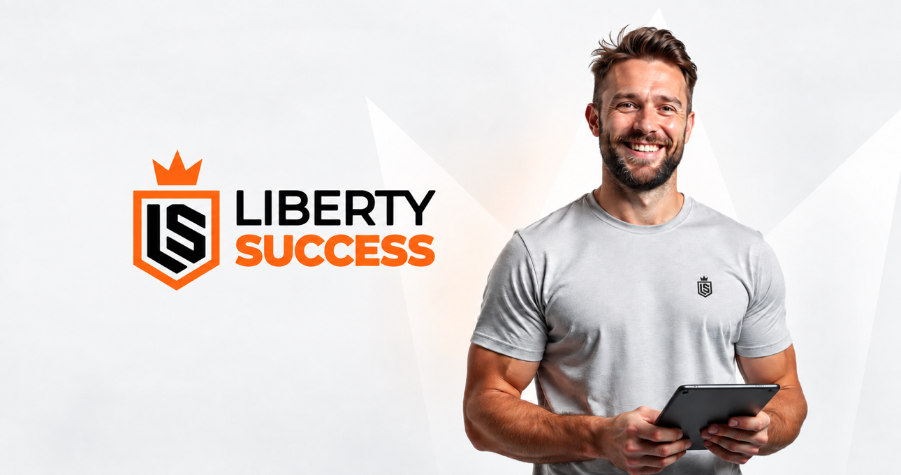 Logo Liberty Success et coach tenant une tablette.