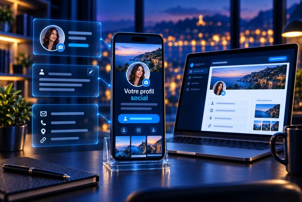 Illustration de la création et de l’optimisation de profils professionnels sur les réseaux sociaux.