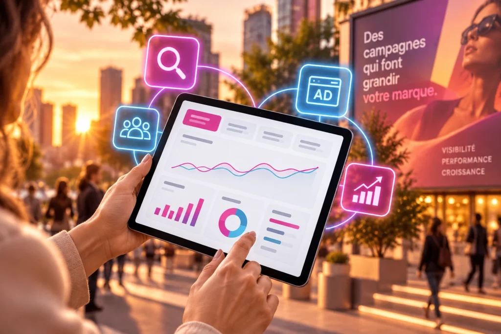 Campagnes publicitaires digitales avec ciblage, annonces et conversions dans une ambiance urbaine chaleureuse.