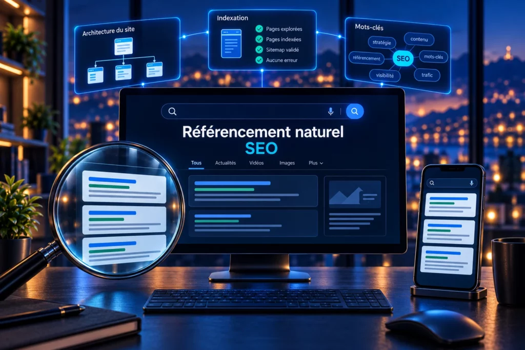 Illustration du référencement naturel avec résultats de recherche, architecture de site et indexation.